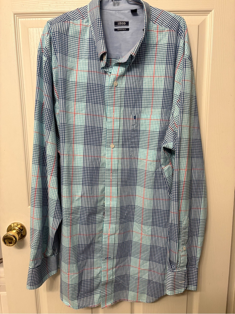 Men’s Izod Aqua Blue Plaid Button Down Shirt Size 2XLT